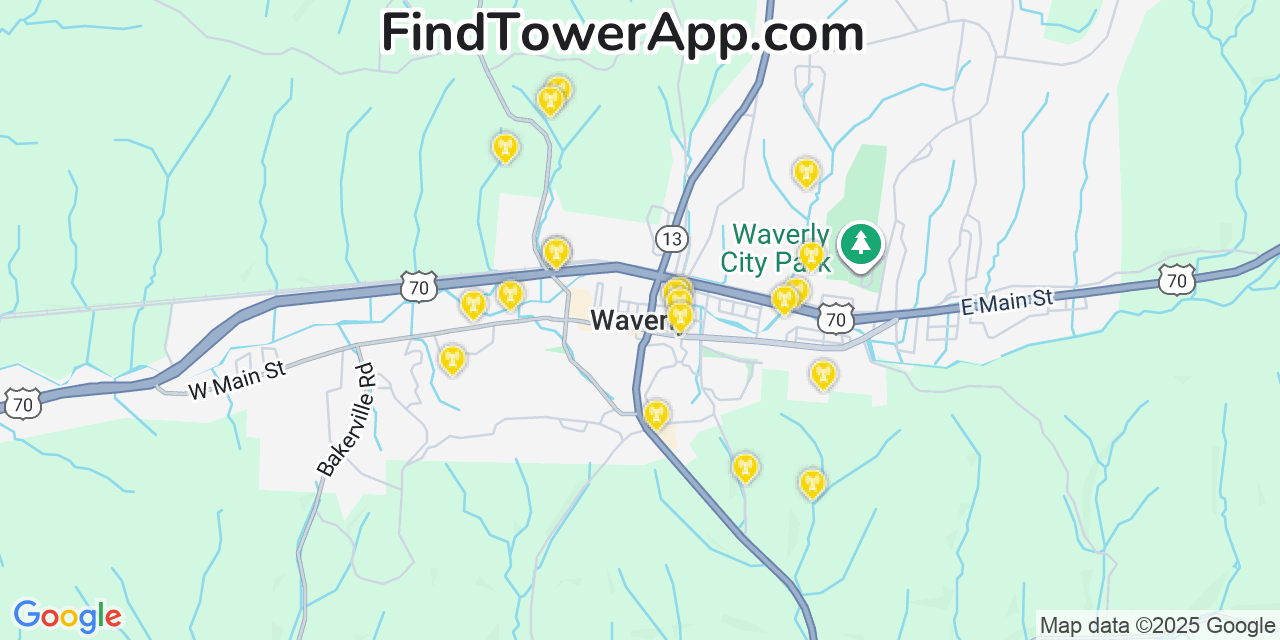 Map showing the 20 primary cell tower locations detected in Waverly, Tennessee from AT&T, Verizon, and T-Mobile networks