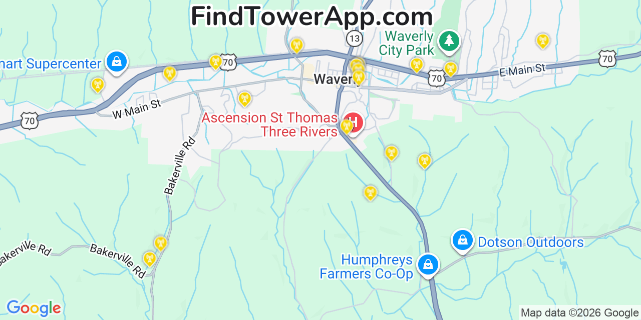 Map showing the 20 primary cell tower locations detected in Waverly, Tennessee from AT&T, Verizon, and T-Mobile networks