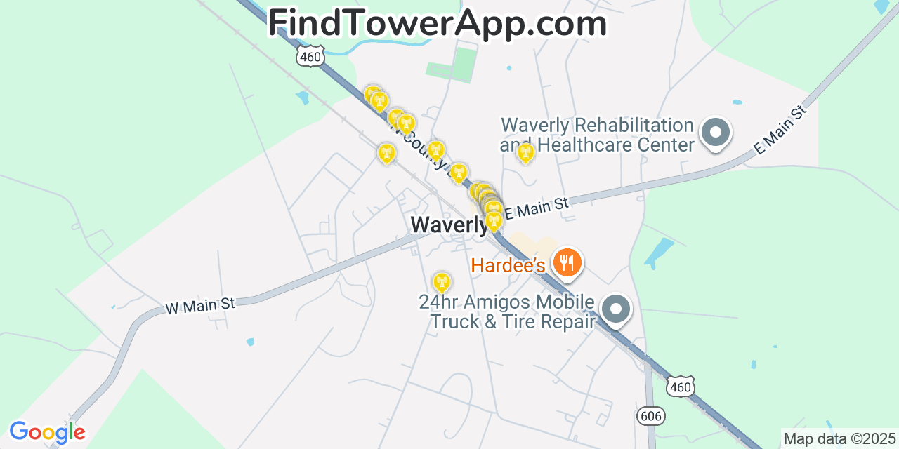Map showing the 20 primary cell tower locations detected in Waverly, Virginia from AT&T, Verizon, and T-Mobile networks