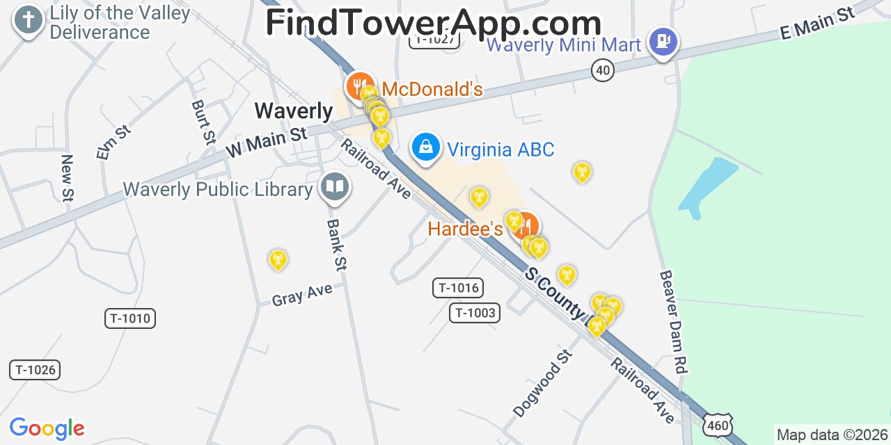 Map showing the 20 primary cell tower locations detected in Waverly, Virginia from AT&T, Verizon, and T-Mobile networks