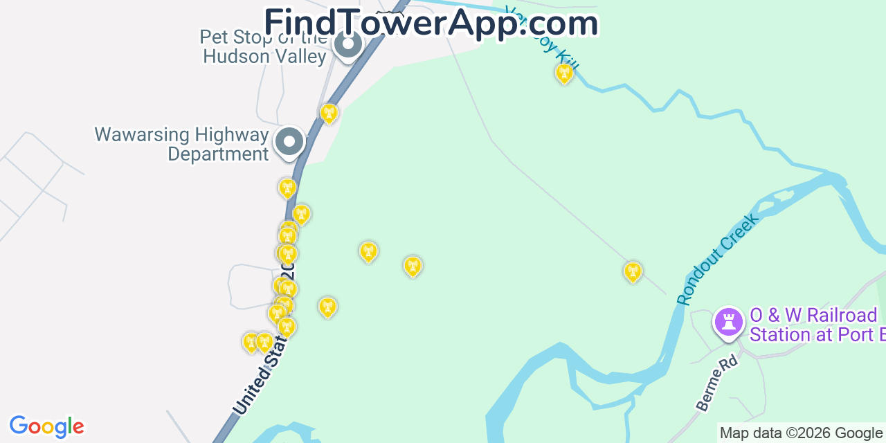 Map showing the 20 primary cell tower locations detected in Wawarsing, New York from AT&T, Verizon, and T-Mobile networks