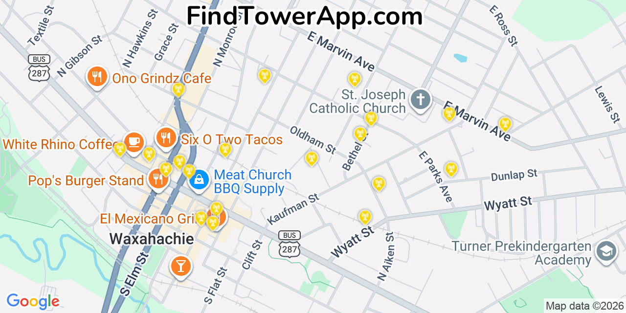 Map showing the 20 primary cell tower locations detected in Waxahachie, Texas from AT&T, Verizon, and T-Mobile networks