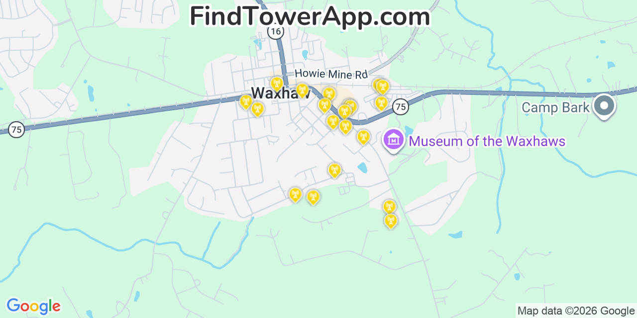 Map showing the 20 primary cell tower locations detected in Waxhaw, North Carolina from AT&T, Verizon, and T-Mobile networks