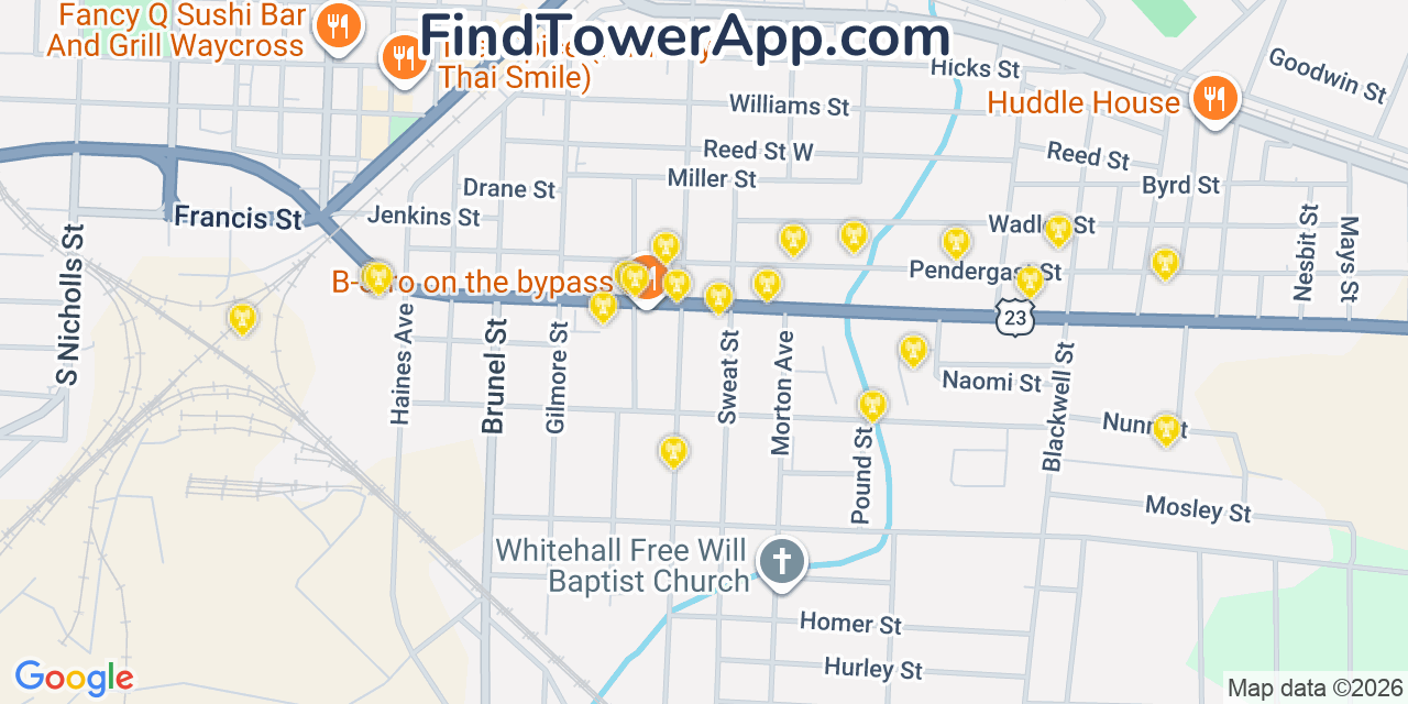 Map showing the 20 primary cell tower locations detected in Waycross, Georgia from AT&T, Verizon, and T-Mobile networks