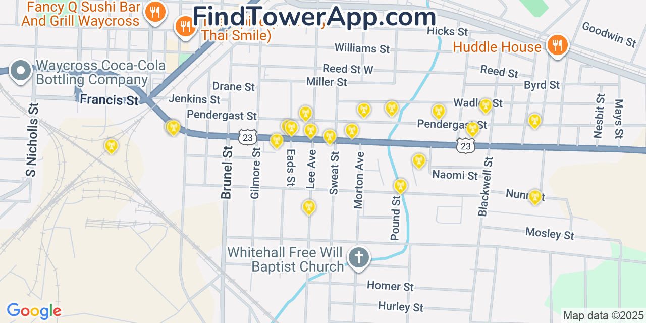 Map showing the 20 primary Mobitel cell tower locations detected in Waycross, Georgia with coverage radius and signal strength indicators