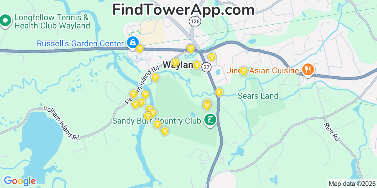 Map showing the 20 primary cell tower locations detected in Wayland, Massachusetts from AT&T, Verizon, and T-Mobile networks