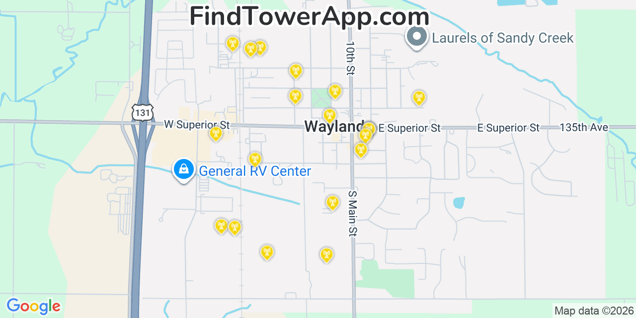 Map showing the 20 primary cell tower locations detected in Wayland, Michigan from AT&T, Verizon, and T-Mobile networks