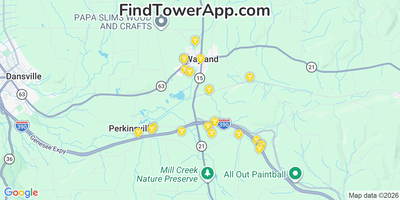 Map showing the 20 primary cell tower locations detected in Wayland, New York from AT&T, Verizon, and T-Mobile networks