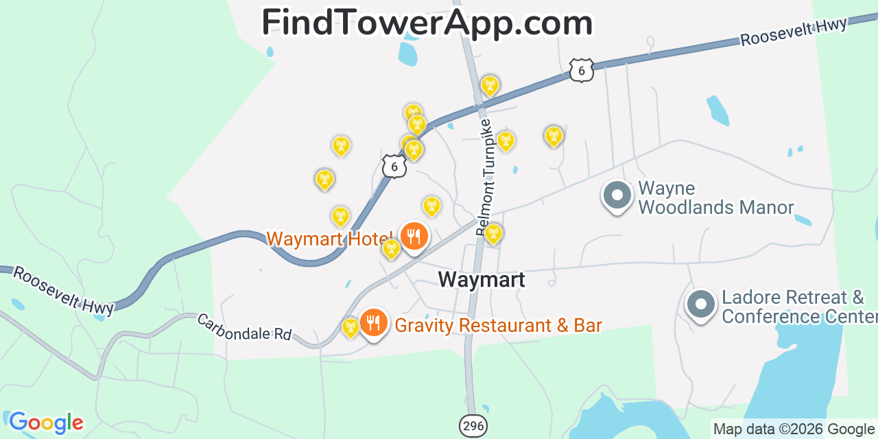 Map showing the 20 primary cell tower locations detected in Waymart, Pennsylvania from AT&T, Verizon, and T-Mobile networks