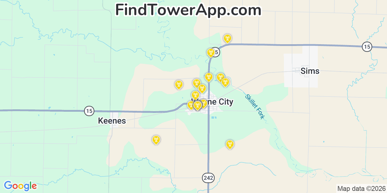 Map showing the 20 primary cell tower locations detected in Wayne City, Illinois from AT&T, Verizon, and T-Mobile networks