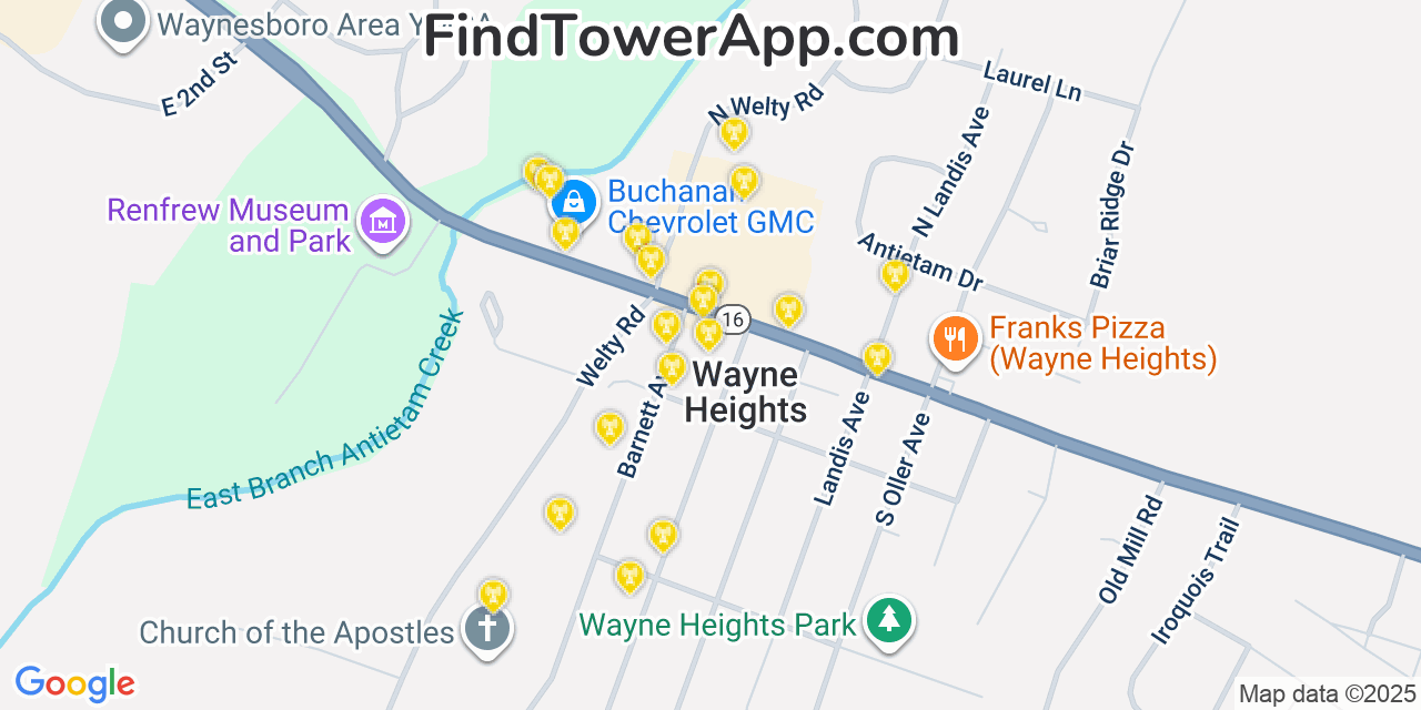 Map showing the 20 primary cell tower locations detected in Wayne Heights, Pennsylvania from AT&T, Verizon, and T-Mobile networks