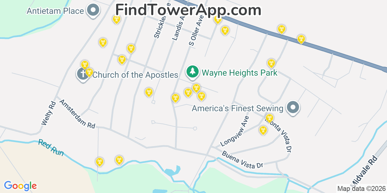 Map showing the 20 primary cell tower locations detected in Wayne Heights, Pennsylvania from AT&T, Verizon, and T-Mobile networks