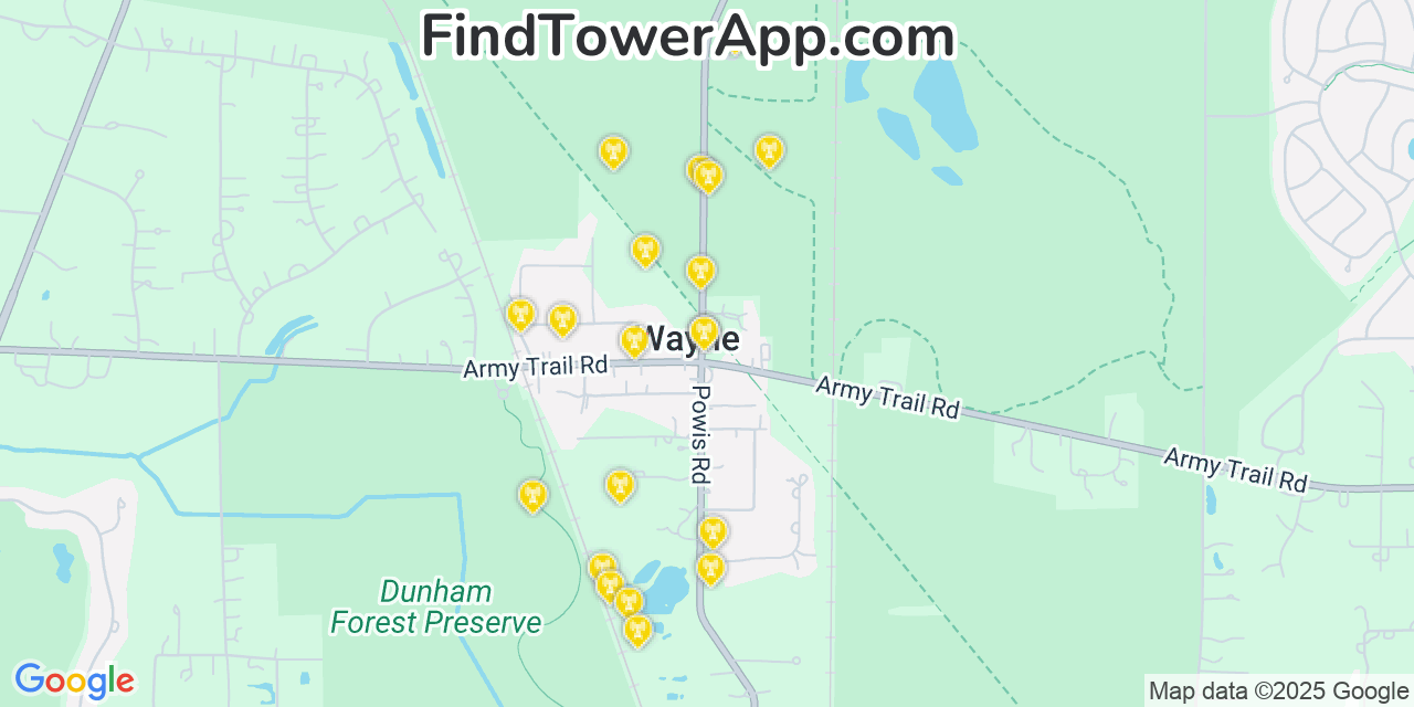 Map showing the 20 primary cell tower locations detected in Wayne, Illinois from AT&T, Verizon, and T-Mobile networks