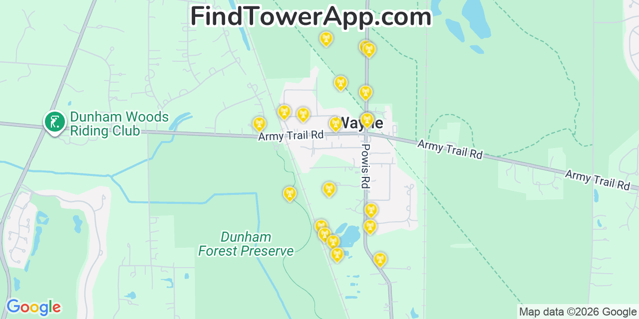 Map showing the 20 primary cell tower locations detected in Wayne, Illinois from AT&T, Verizon, and T-Mobile networks
