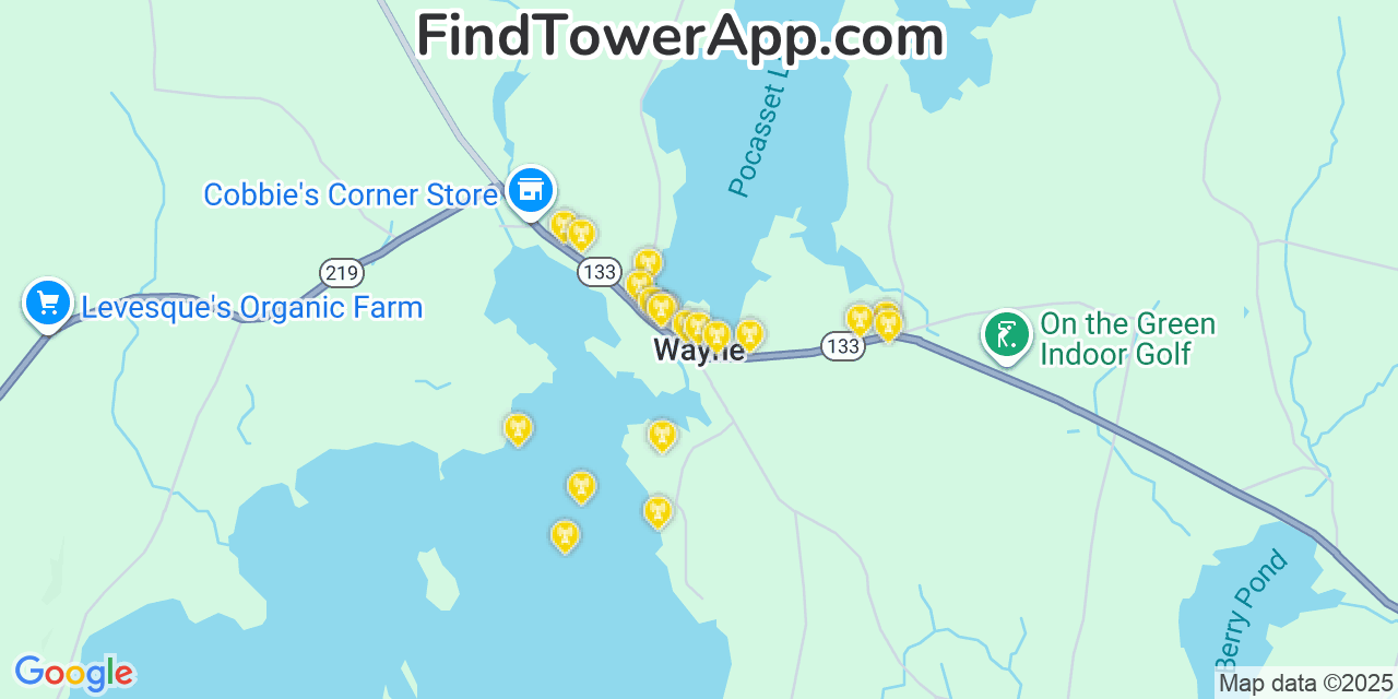 Map showing the 20 primary cell tower locations detected in Wayne, Maine from AT&T, Verizon, and T-Mobile networks