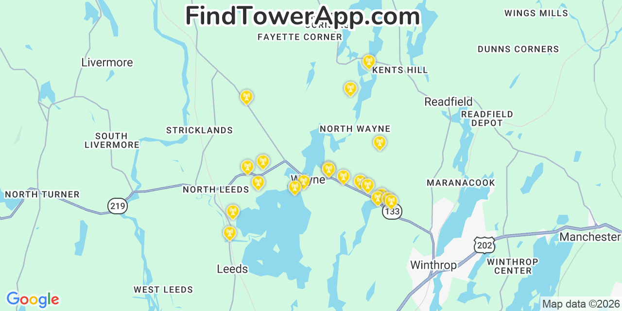 Map showing the 20 primary cell tower locations detected in Wayne, Maine from AT&T, Verizon, and T-Mobile networks