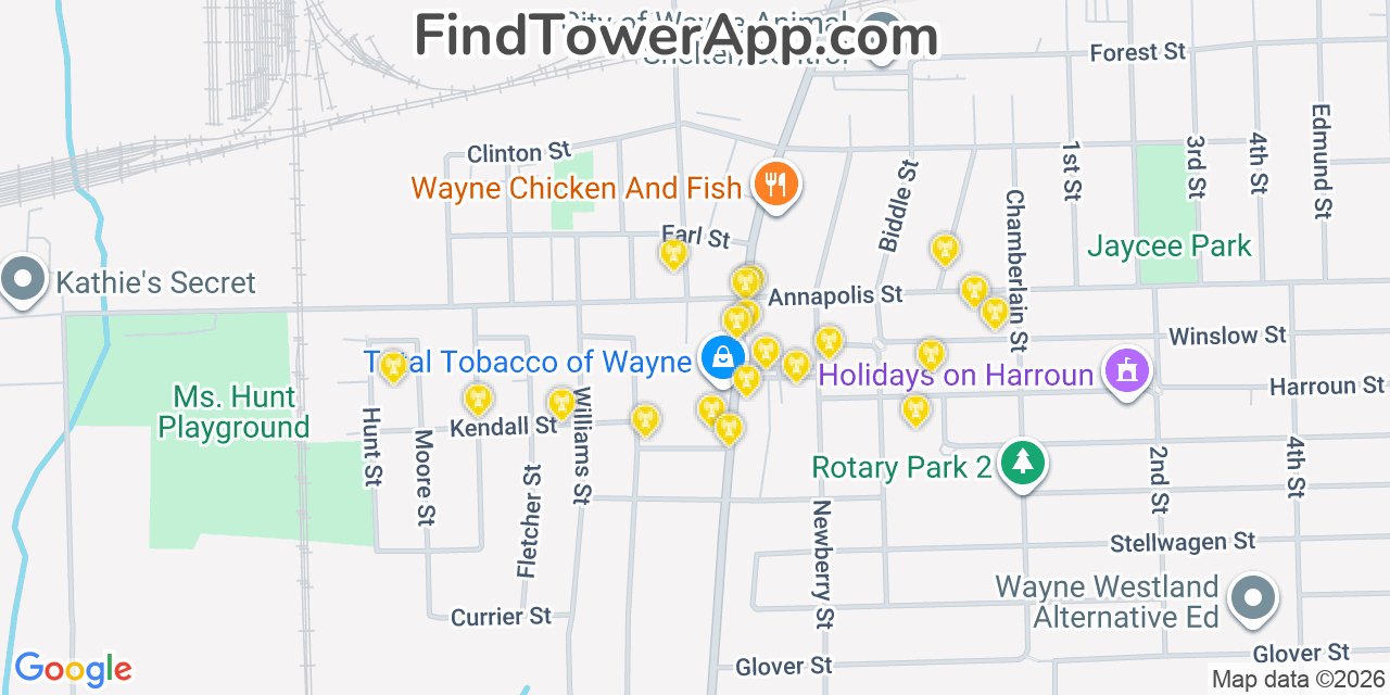 Map showing the 20 primary cell tower locations detected in Wayne, Michigan from AT&T, Verizon, and T-Mobile networks