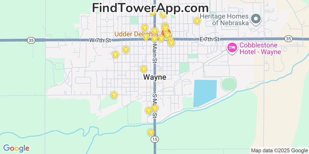 Map showing the 20 primary cell tower locations detected in Wayne, Nebraska from AT&T, Verizon, and T-Mobile networks