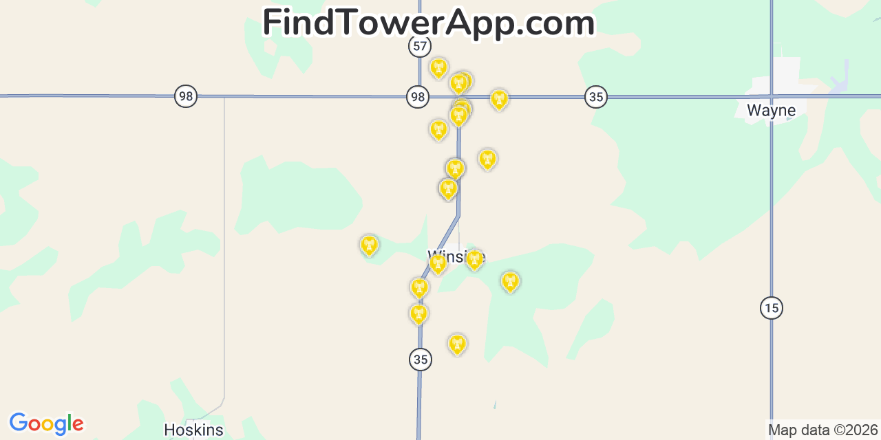 Map showing the 20 primary cell tower locations detected in Wayne, Nebraska from AT&T, Verizon, and T-Mobile networks