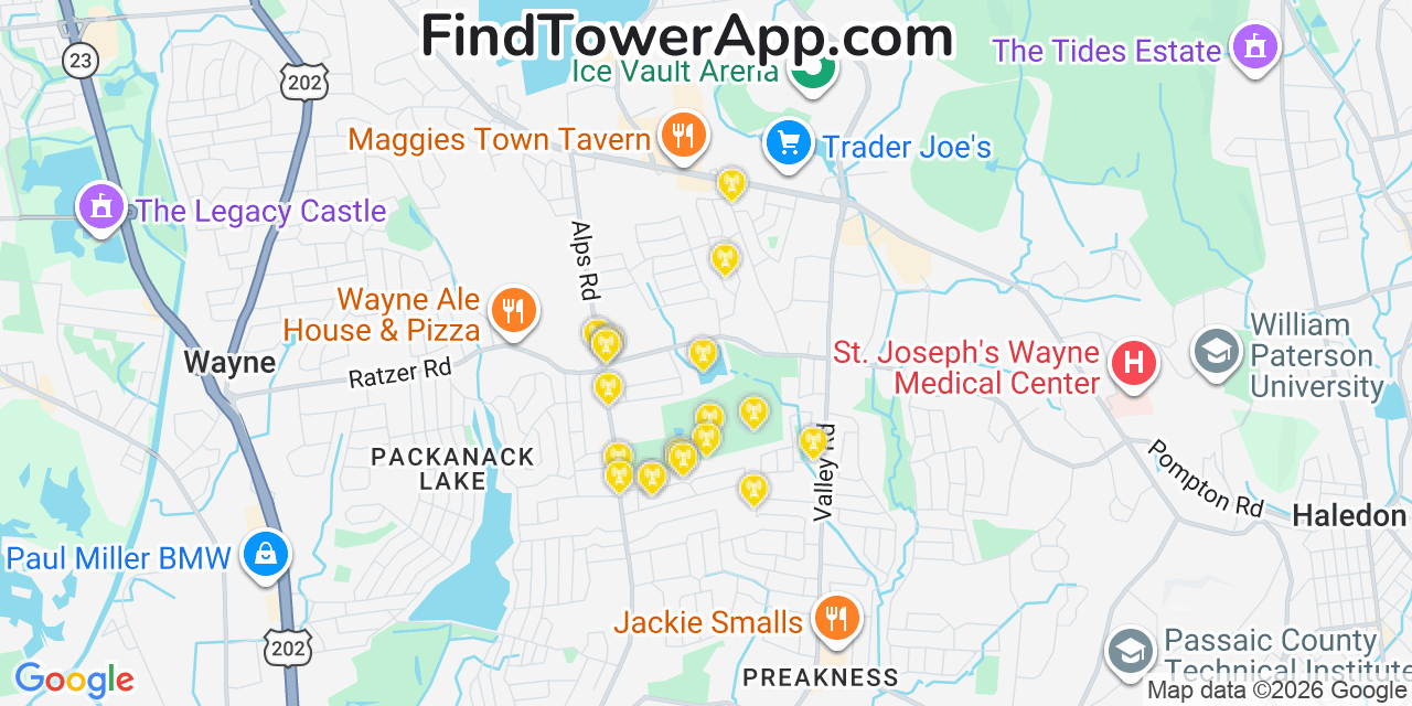 Map showing the 20 primary cell tower locations detected in Wayne, New Jersey from AT&T, Verizon, and T-Mobile networks