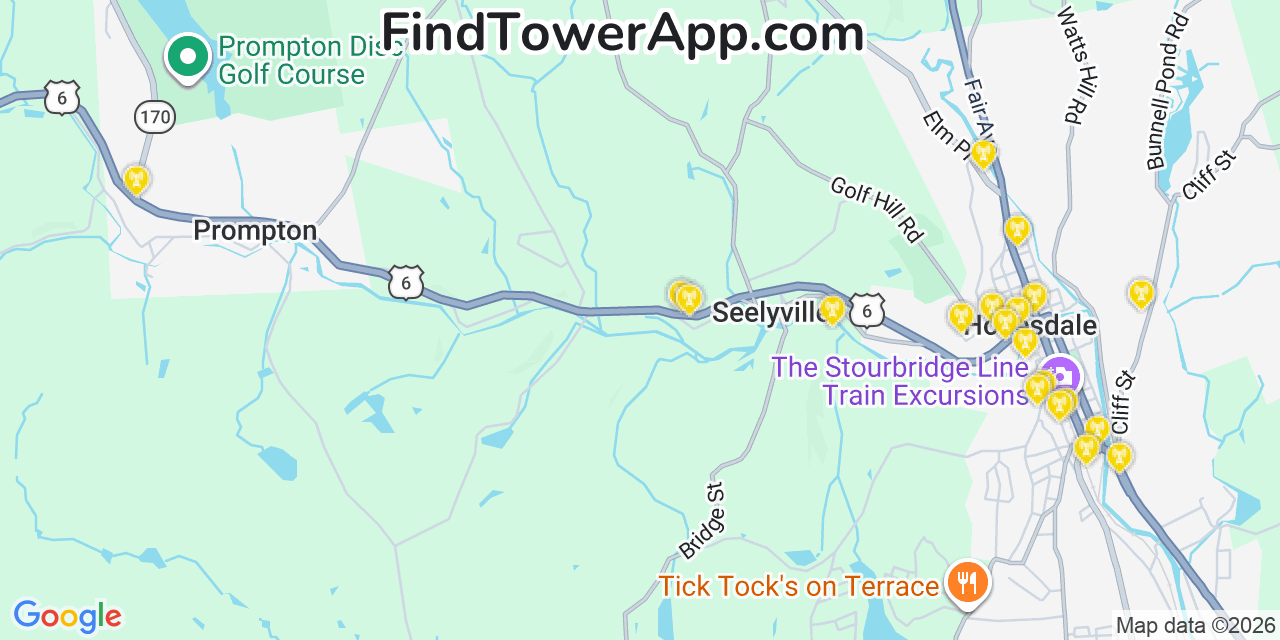 Map showing the 20 primary cell tower locations detected in Wayne, Pennsylvania from AT&T, Verizon, and T-Mobile networks