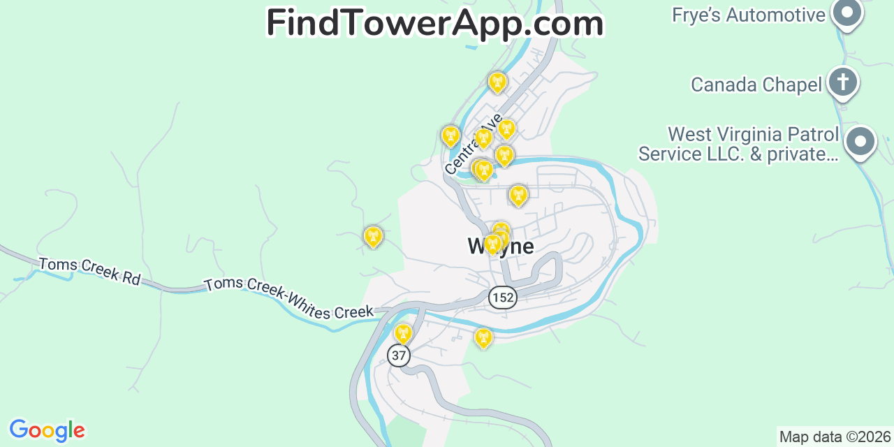 Map showing the 20 primary cell tower locations detected in Wayne, West Virginia from AT&T, Verizon, and T-Mobile networks