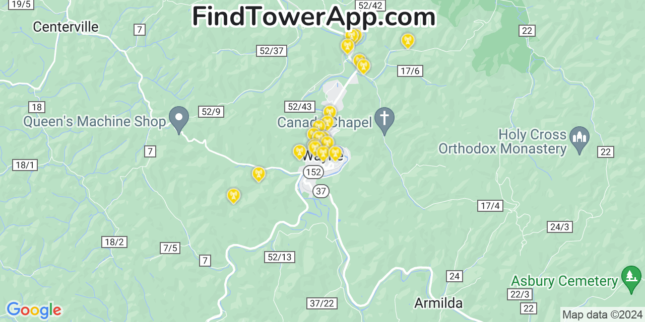 Verizon 4G/5G cell tower coverage map Wayne, West Virginia