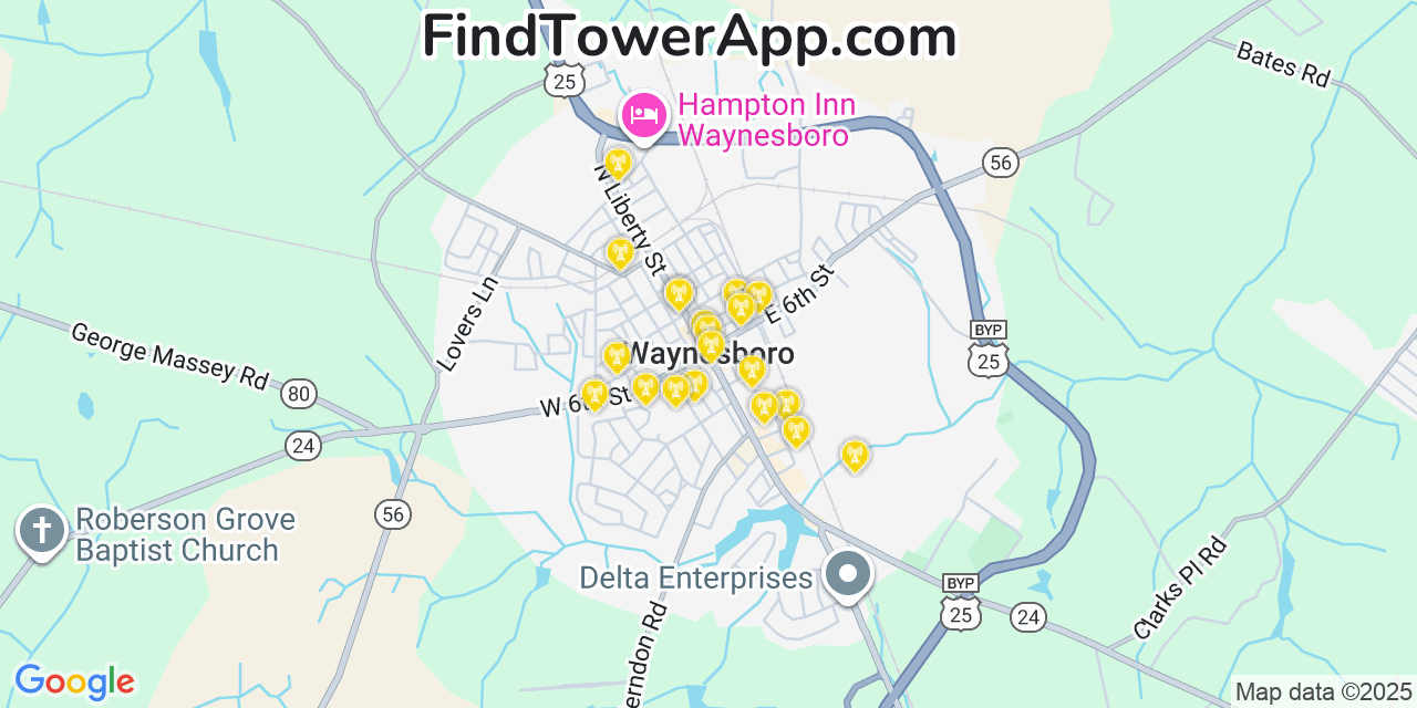 Map showing the 20 primary cell tower locations detected in Waynesboro, Georgia from AT&T, Verizon, and T-Mobile networks