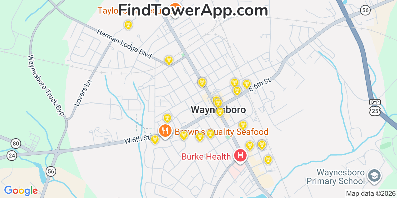 Map showing the 20 primary cell tower locations detected in Waynesboro, Georgia from AT&T, Verizon, and T-Mobile networks