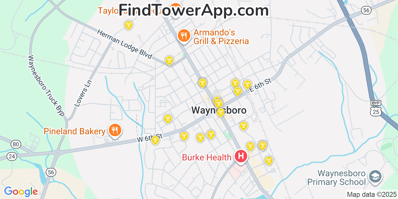 Map showing the 20 primary Mobitel cell tower locations detected in Waynesboro, Georgia with coverage radius and signal strength indicators