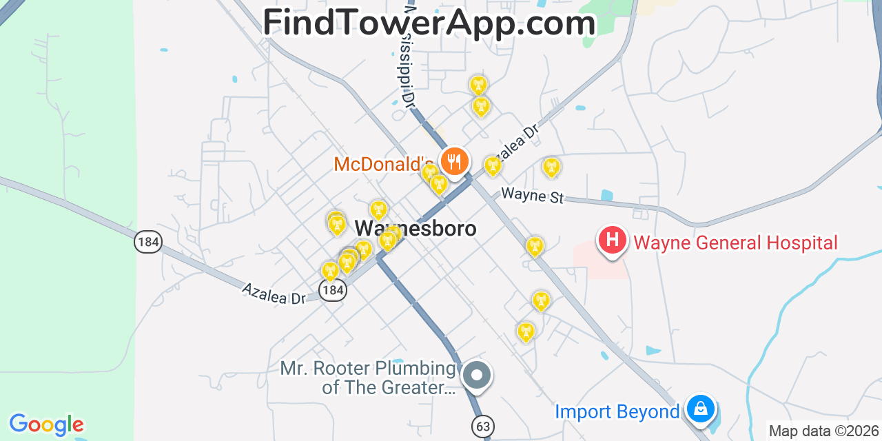 Map showing the 20 primary cell tower locations detected in Waynesboro, Mississippi from AT&T, Verizon, and T-Mobile networks