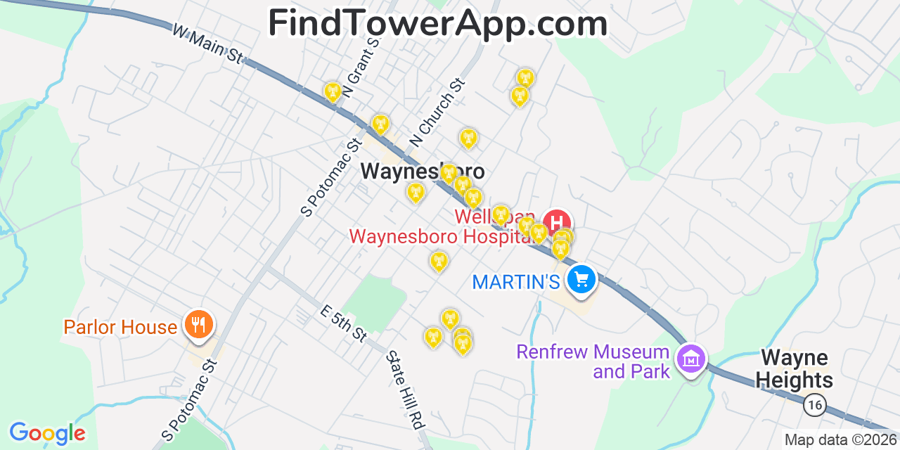 Map showing the 20 primary cell tower locations detected in Waynesboro, Pennsylvania from AT&T, Verizon, and T-Mobile networks