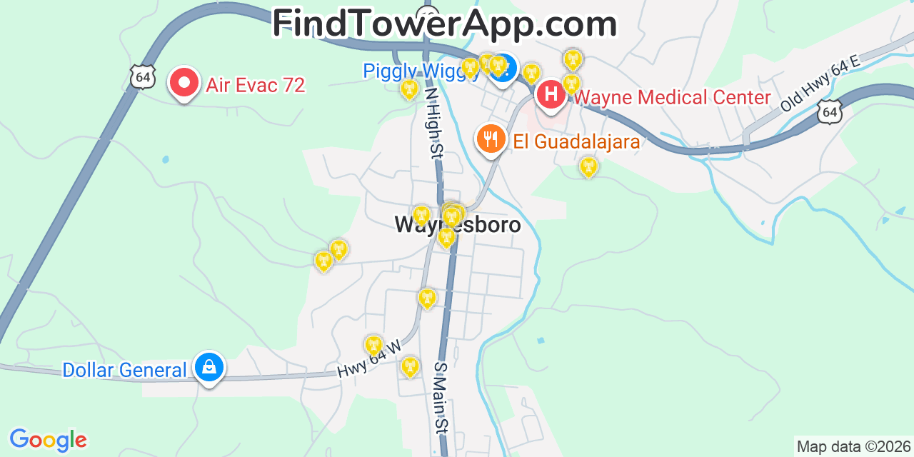 Map showing the 20 primary cell tower locations detected in Waynesboro, Tennessee from AT&T, Verizon, and T-Mobile networks