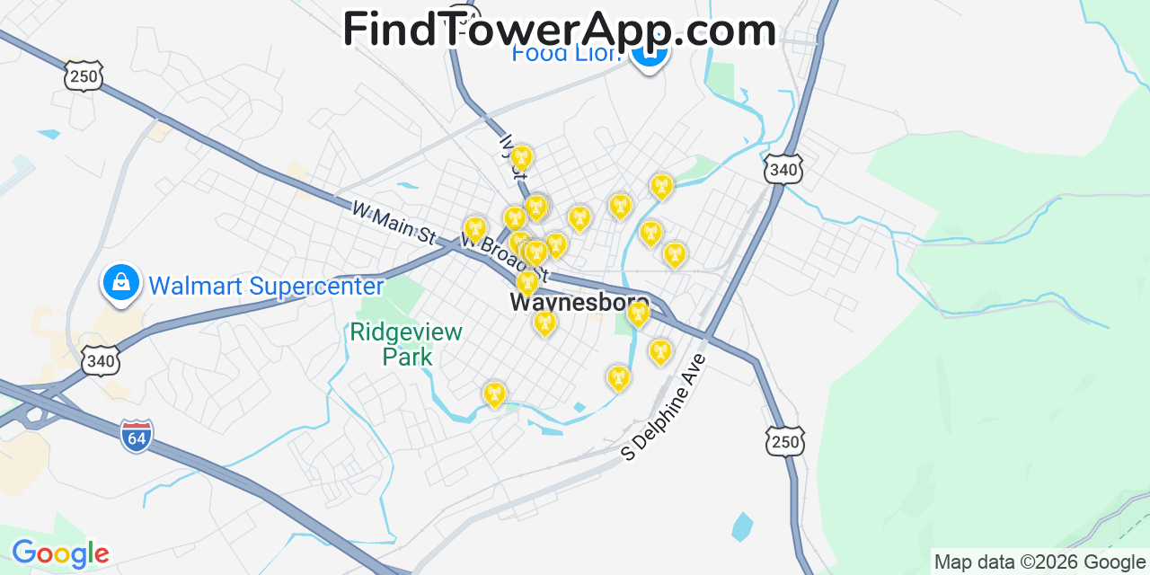 Map showing the 20 primary cell tower locations detected in Waynesboro, Virginia from AT&T, Verizon, and T-Mobile networks