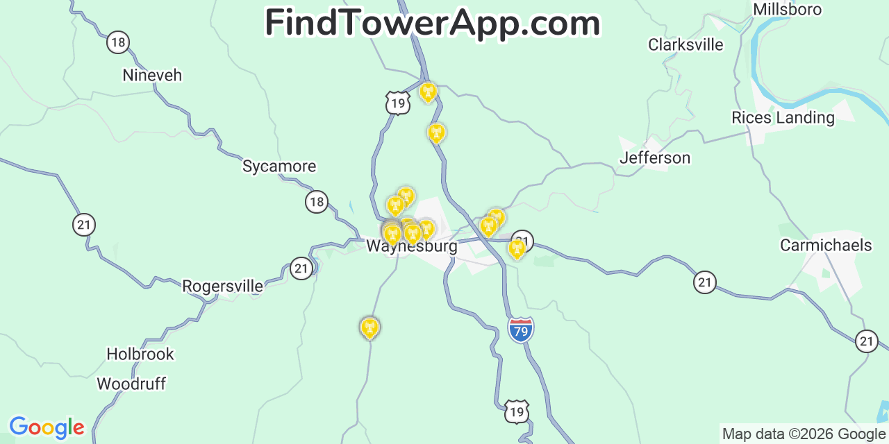 Map showing the 20 primary cell tower locations detected in Waynesburg, Pennsylvania from AT&T, Verizon, and T-Mobile networks
