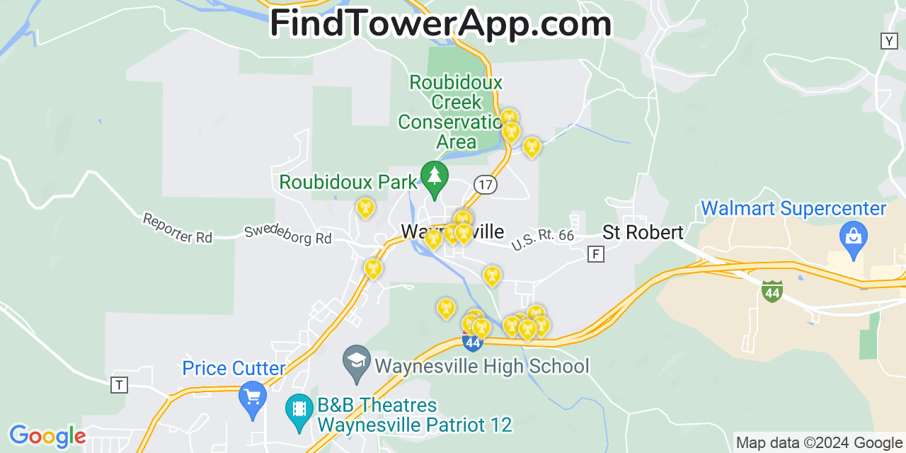 AT&T 4G/5G cell tower coverage map Waynesville, Missouri