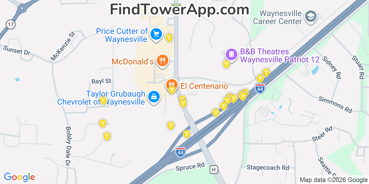 Map showing the 20 primary cell tower locations detected in Waynesville, Missouri from AT&T, Verizon, and T-Mobile networks