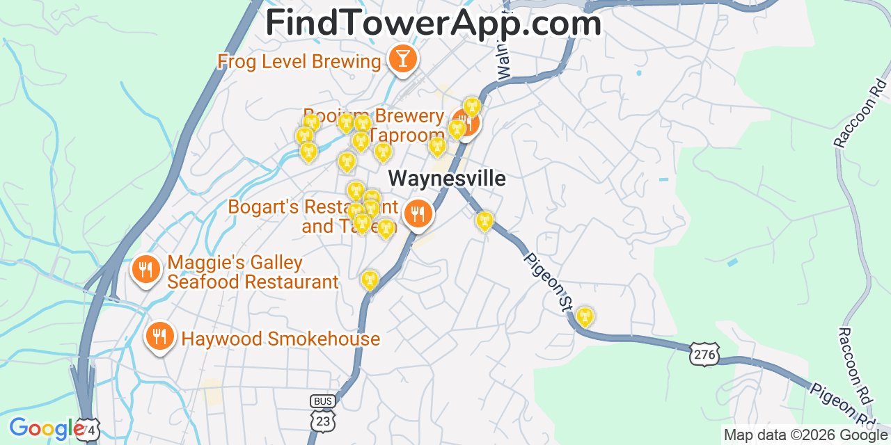 Map showing the 20 primary cell tower locations detected in Waynesville, North Carolina from AT&T, Verizon, and T-Mobile networks