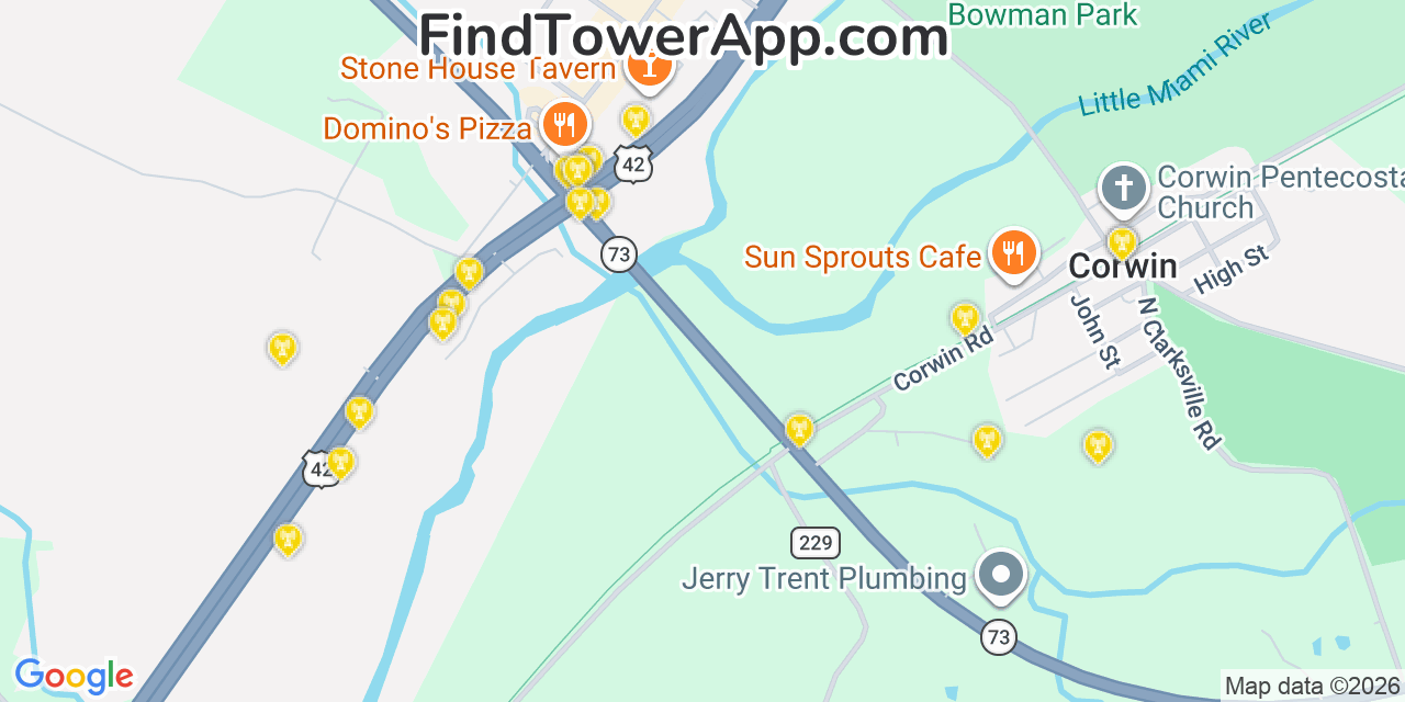 Map showing the 20 primary cell tower locations detected in Waynesville, Ohio from AT&T, Verizon, and T-Mobile networks