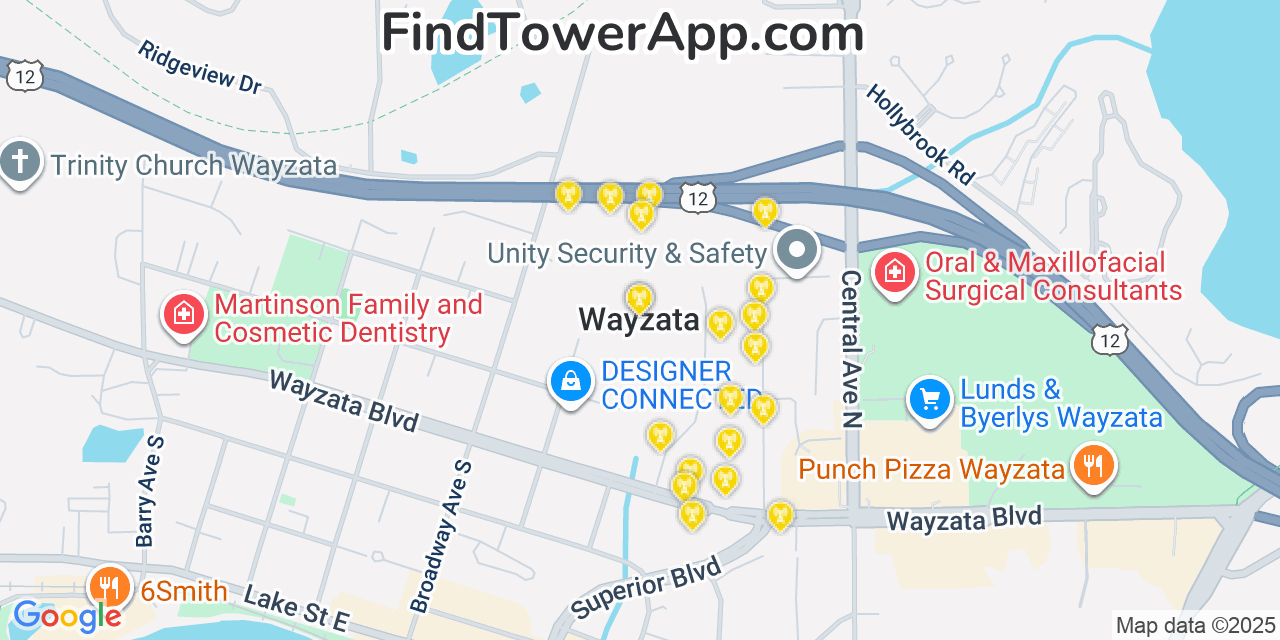 Map showing the 20 primary cell tower locations detected in Wayzata, Minnesota from AT&T, Verizon, and T-Mobile networks