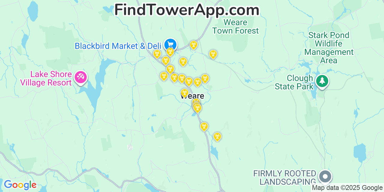 Map showing the 20 primary cell tower locations detected in Weare, New Hampshire from AT&T, Verizon, and T-Mobile networks