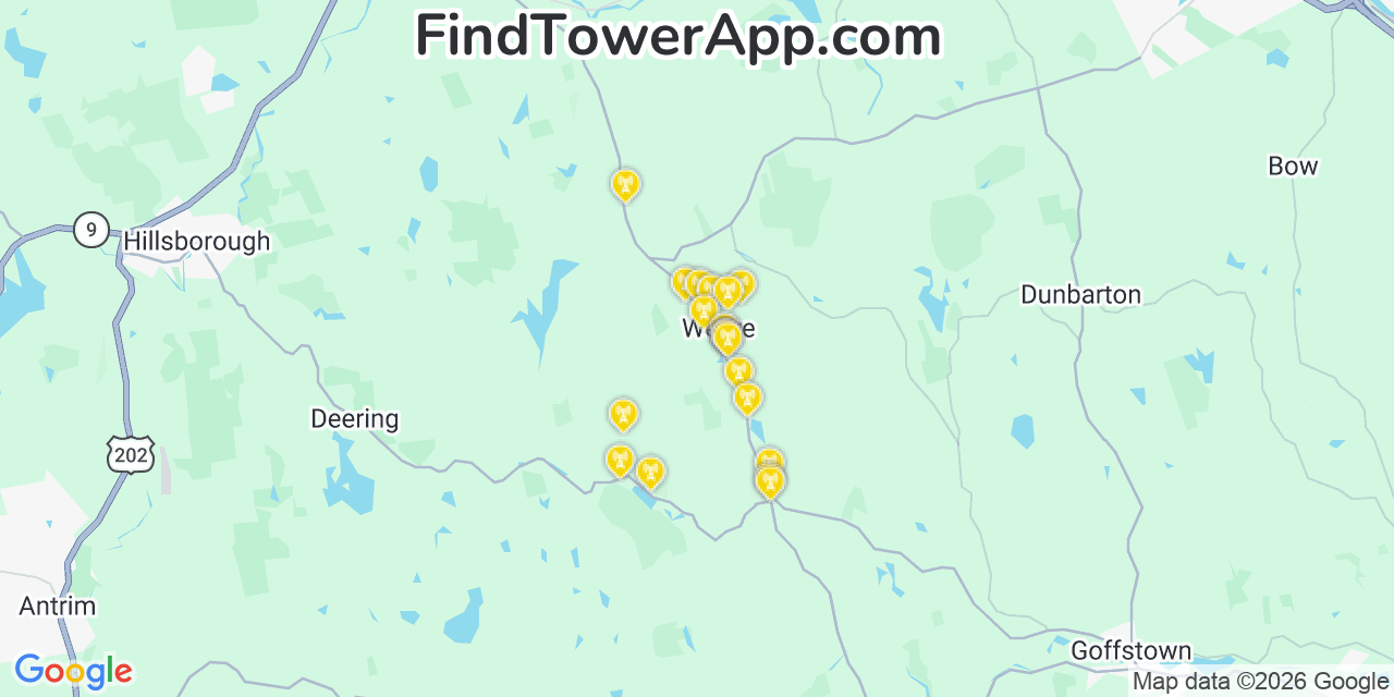 Map showing the 20 primary cell tower locations detected in Weare, New Hampshire from AT&T, Verizon, and T-Mobile networks