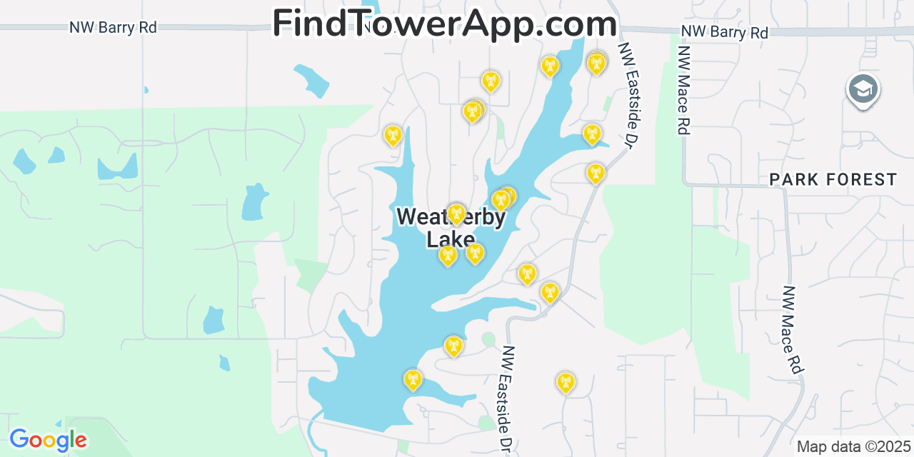 Map showing the 20 primary cell tower locations detected in Weatherby Lake, Missouri from AT&T, Verizon, and T-Mobile networks