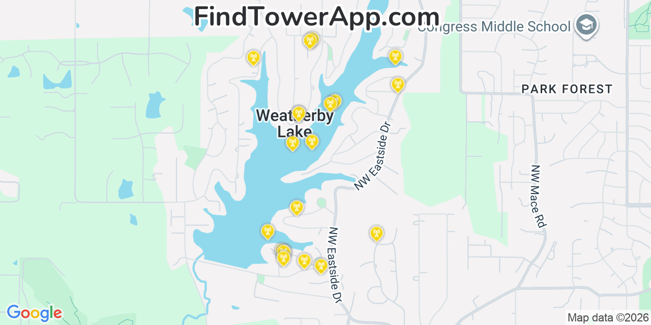 Map showing the 20 primary cell tower locations detected in Weatherby Lake, Missouri from AT&T, Verizon, and T-Mobile networks