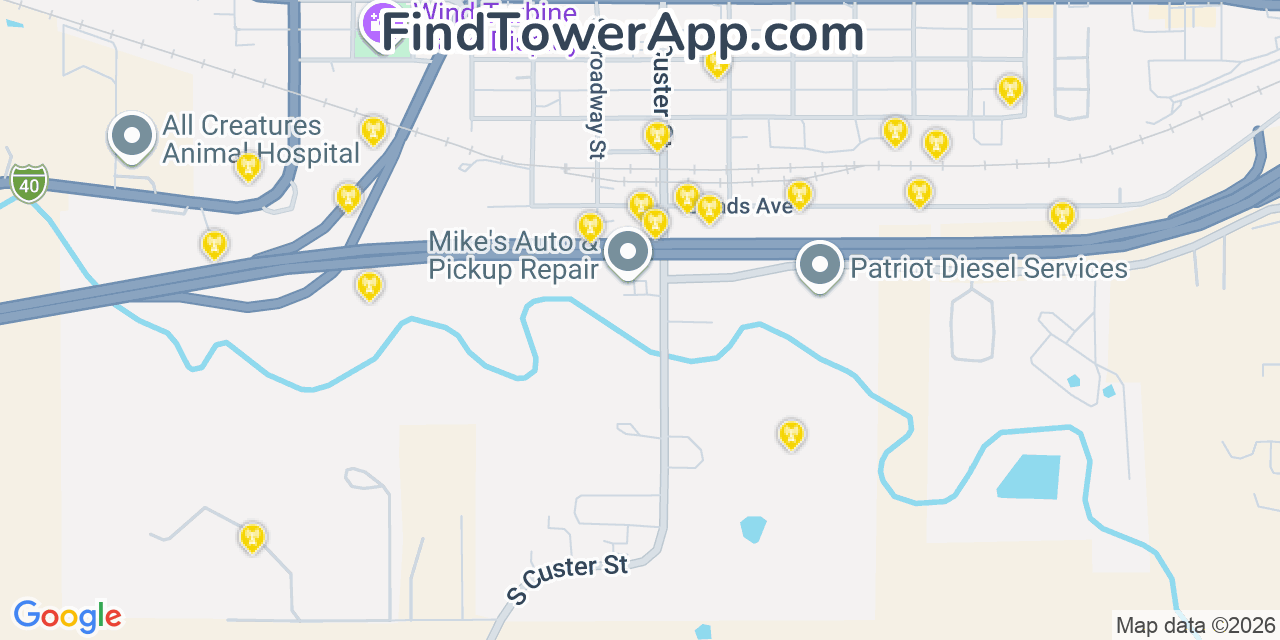 Map showing the 20 primary cell tower locations detected in Weatherford, Oklahoma from AT&T, Verizon, and T-Mobile networks