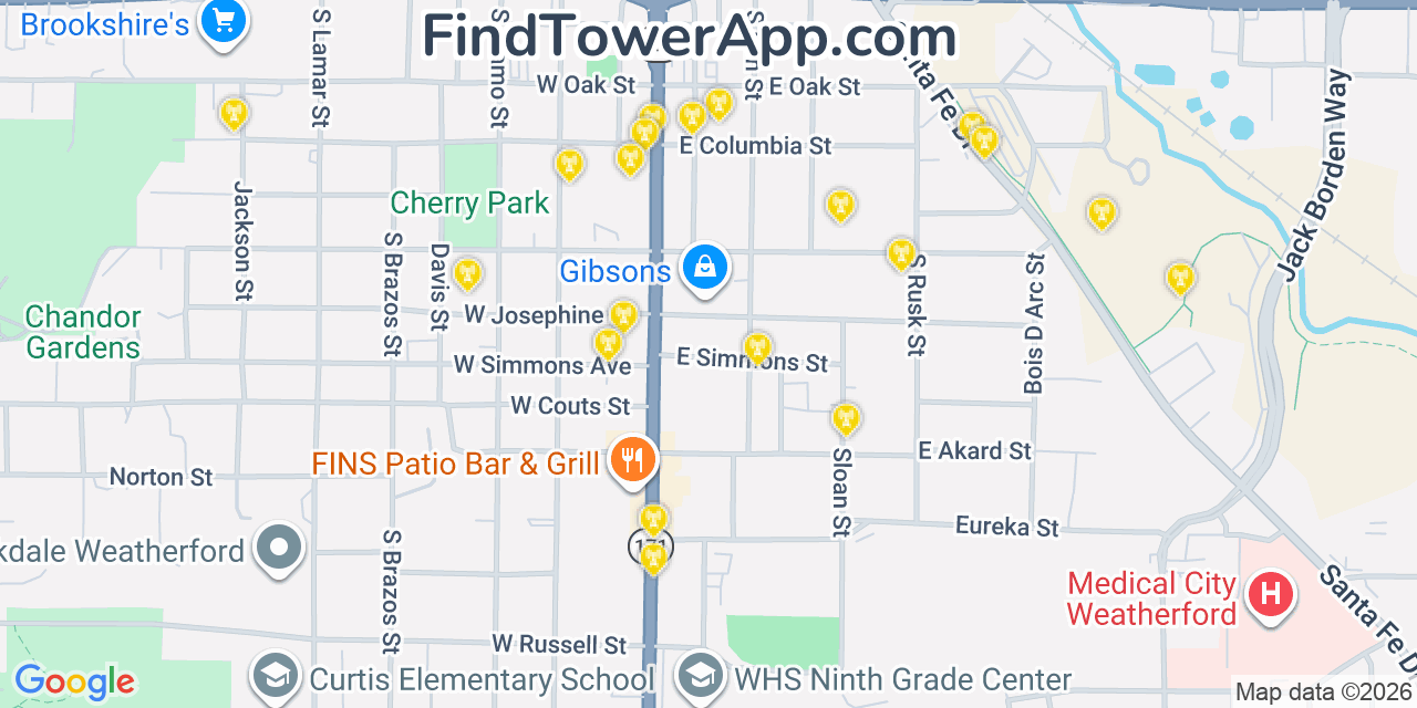 Map showing the 20 primary cell tower locations detected in Weatherford, Texas from AT&T, Verizon, and T-Mobile networks