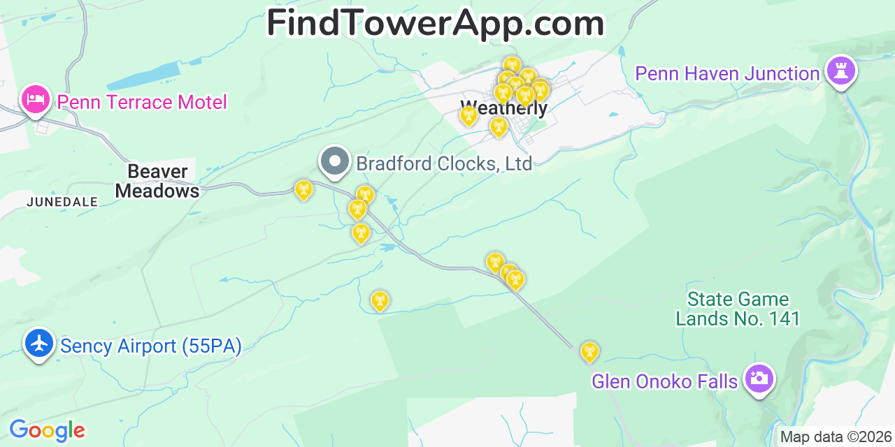 Map showing the 20 primary cell tower locations detected in Weatherly, Pennsylvania from AT&T, Verizon, and T-Mobile networks