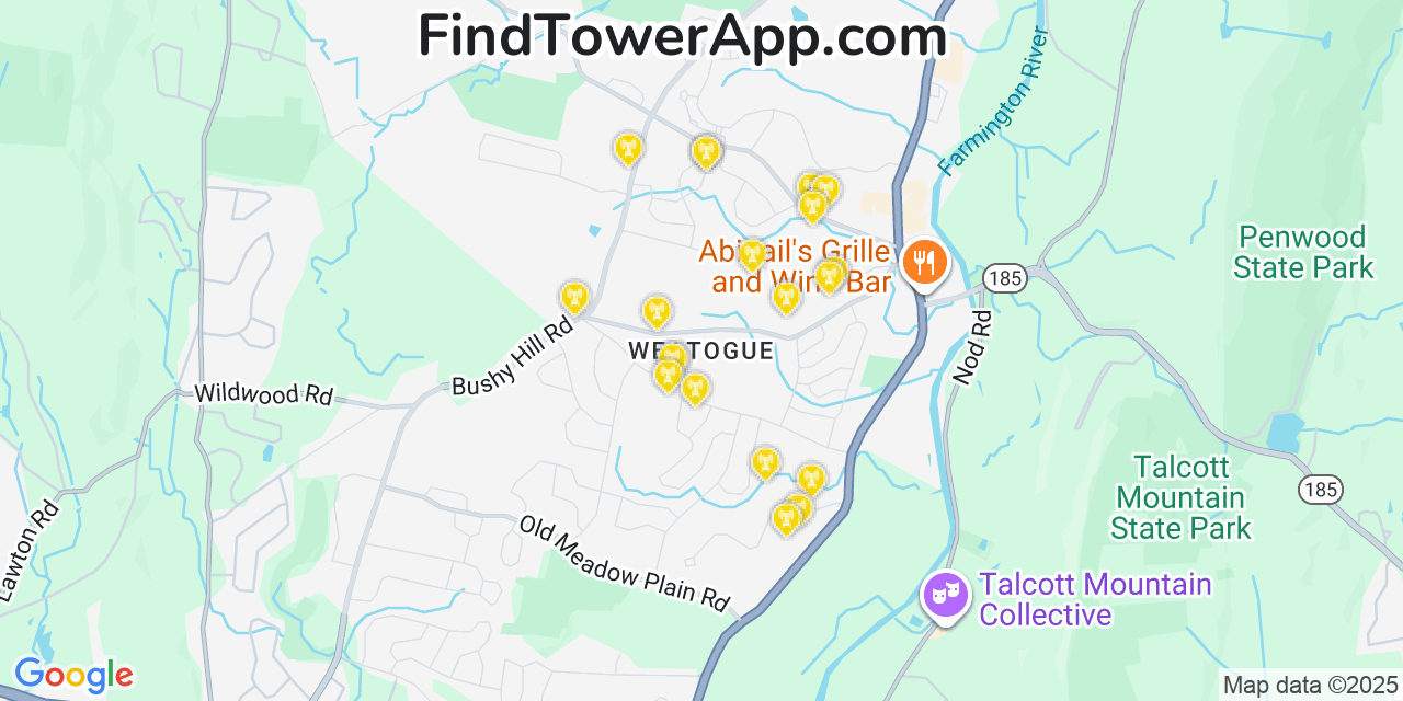 Map showing the 20 primary cell tower locations detected in Weatogue, Connecticut from AT&T, Verizon, and T-Mobile networks