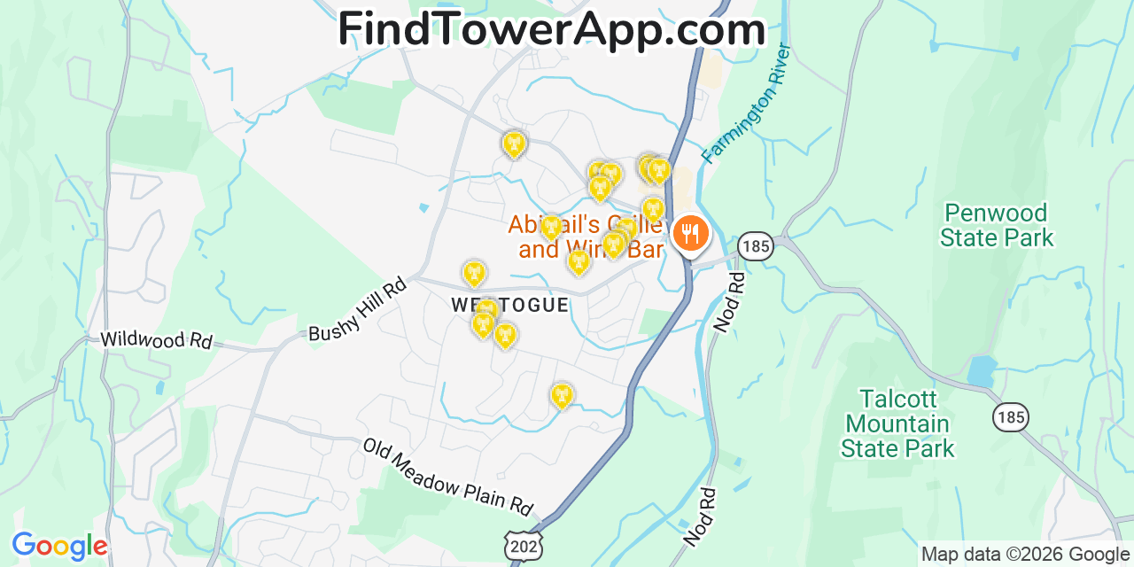Map showing the 20 primary cell tower locations detected in Weatogue, Connecticut from AT&T, Verizon, and T-Mobile networks