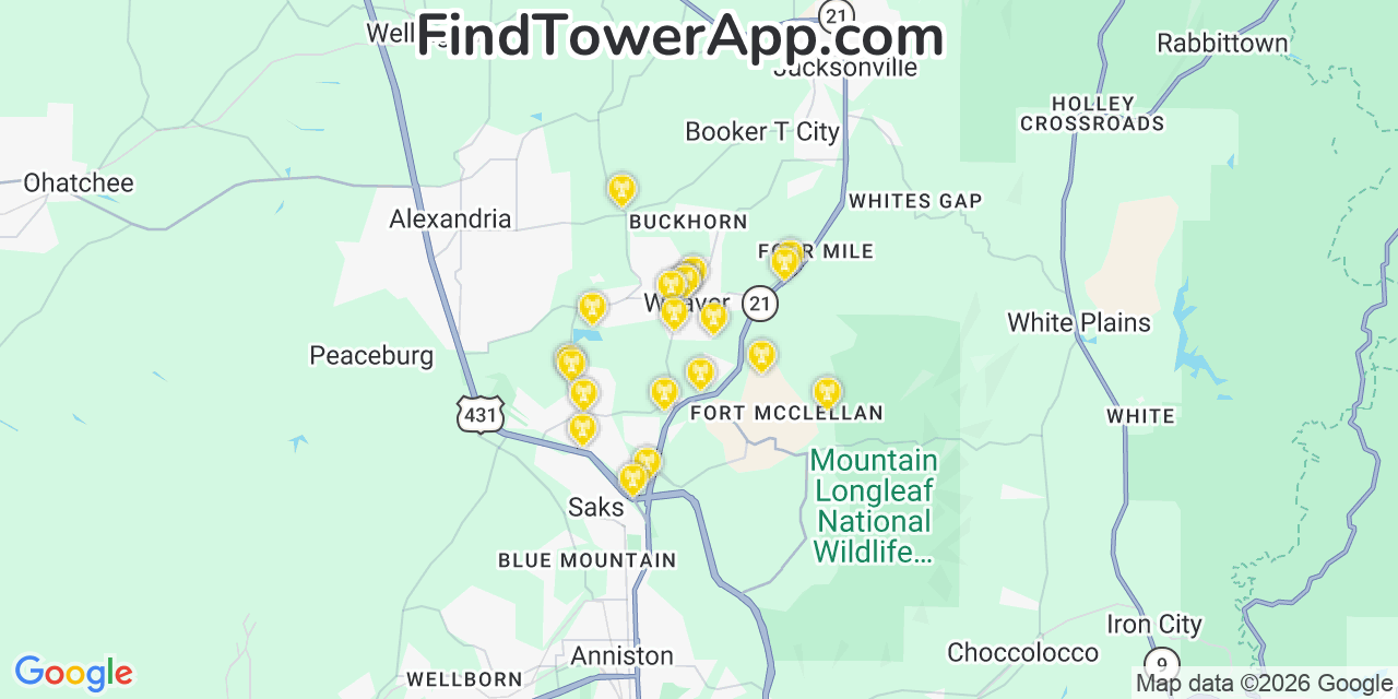 Map showing the 20 primary cell tower locations detected in Weaver, Alabama from AT&T, Verizon, and T-Mobile networks